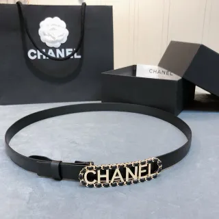 Chanel Logo Belt Black Gold-Tone Chain Trim Leather Belt