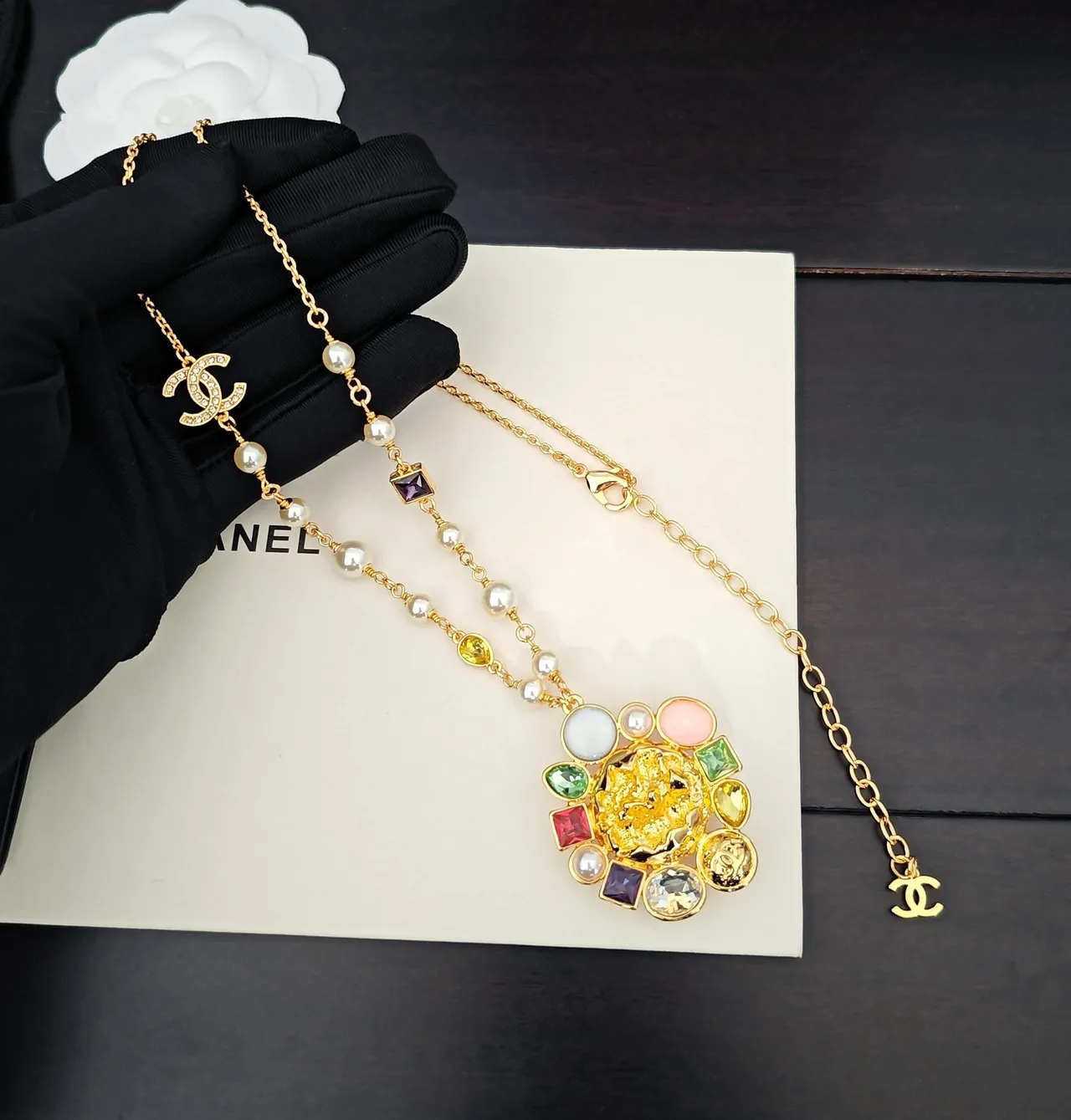 Chanel Multicolor Gem Camellia Pendant Necklace 1