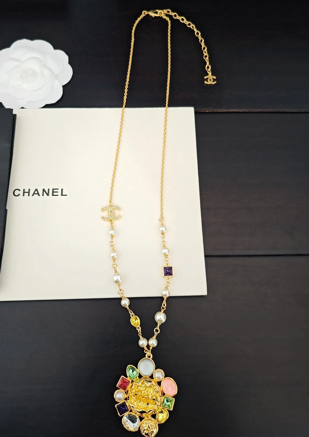 Chanel Multicolor Gem Camellia Pendant Necklace 4