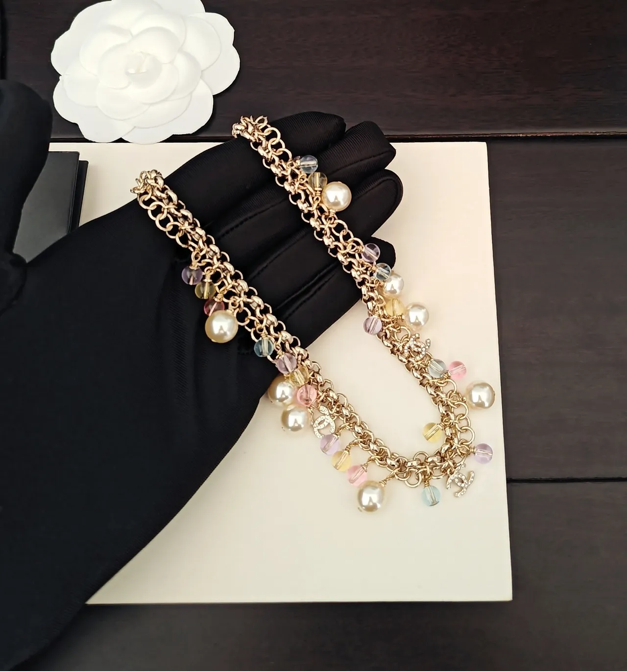 Chanel Pearl and Crystal Charm Necklace Multicolor Gold Curb Chain Dangle Necklace 1