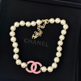 Chanel Pearl Strand Necklace White Pink Enamel CC Logo Necklace