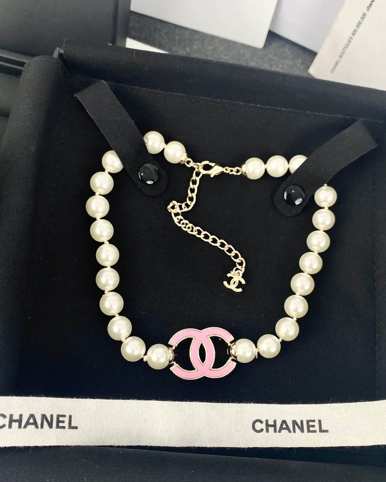 Chanel Collier perles chaîne blanc rose émaillé CC Logo Collier 8