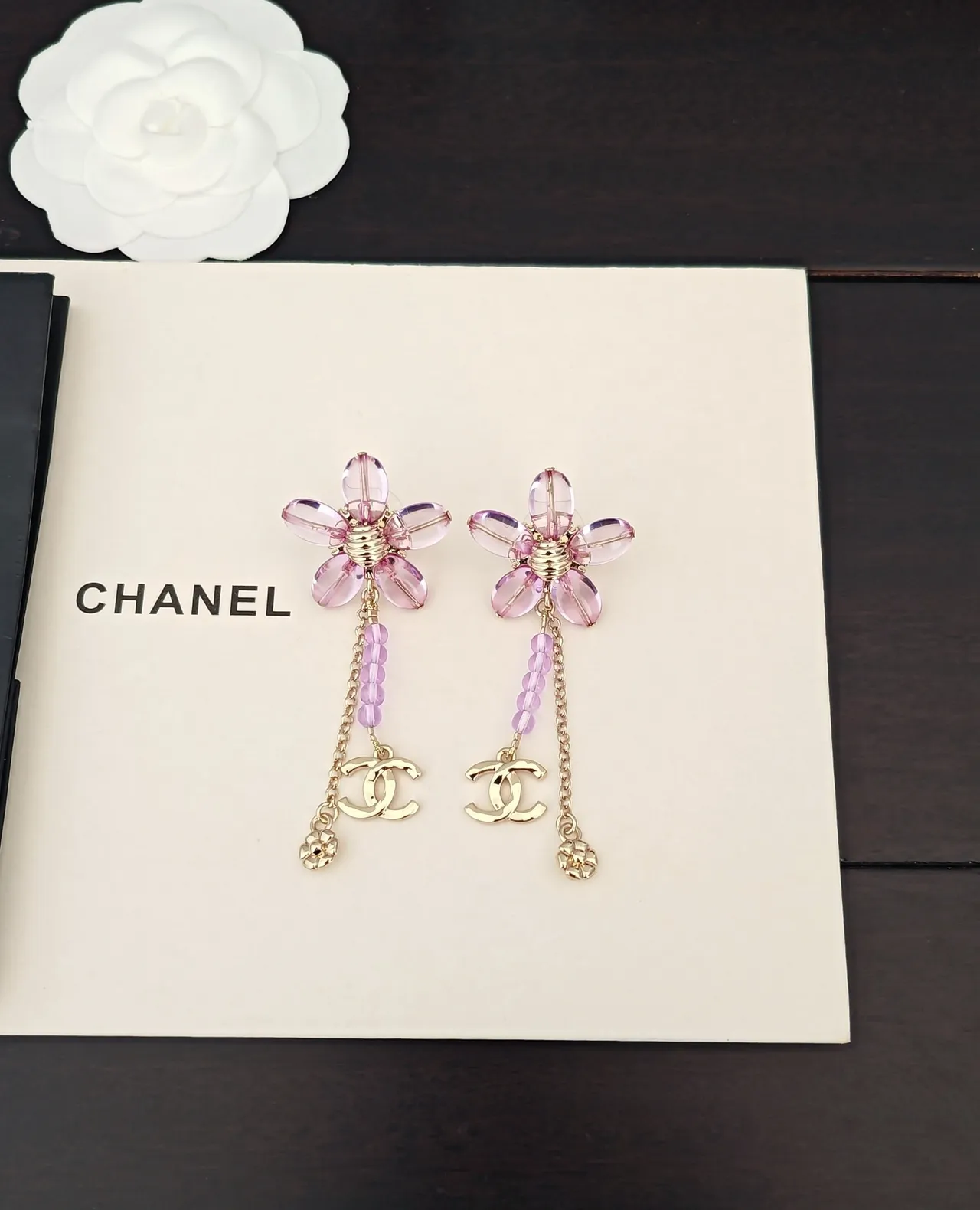 Chanel Purple Gold Floral Dangle Translucent Resin Petals Earrings 2