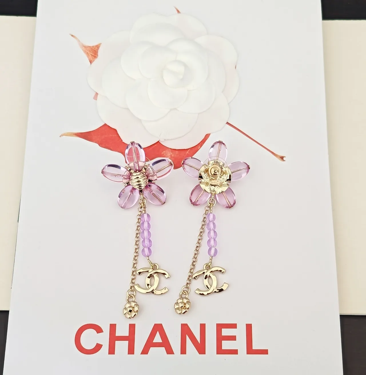 Chanel Purple Gold Floral Dangle Translucent Resin Petals Earrings 3