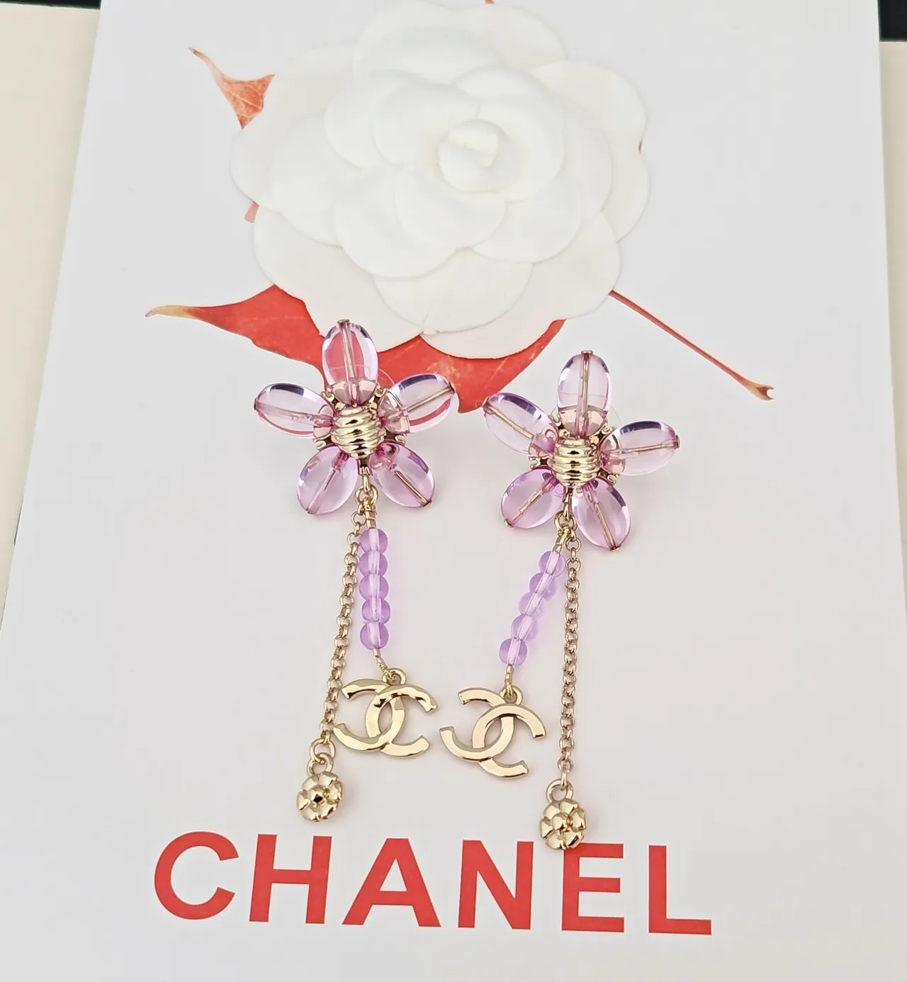 Chanel Purple Gold Floral Dangle Translucent Resin Petals Earrings 4
