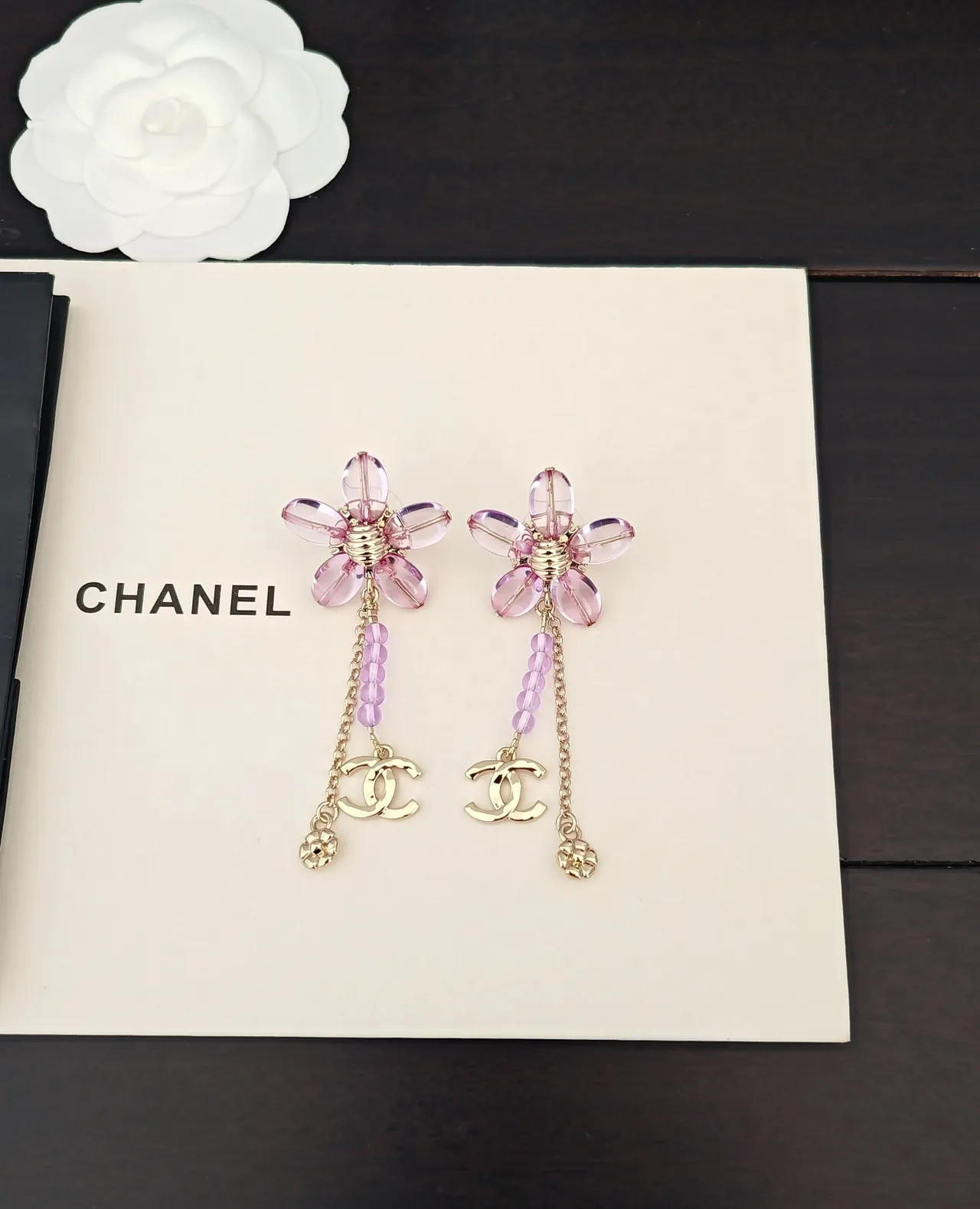 Chanel Purple Gold Floral Dangle Translucent Resin Petals Earrings 5