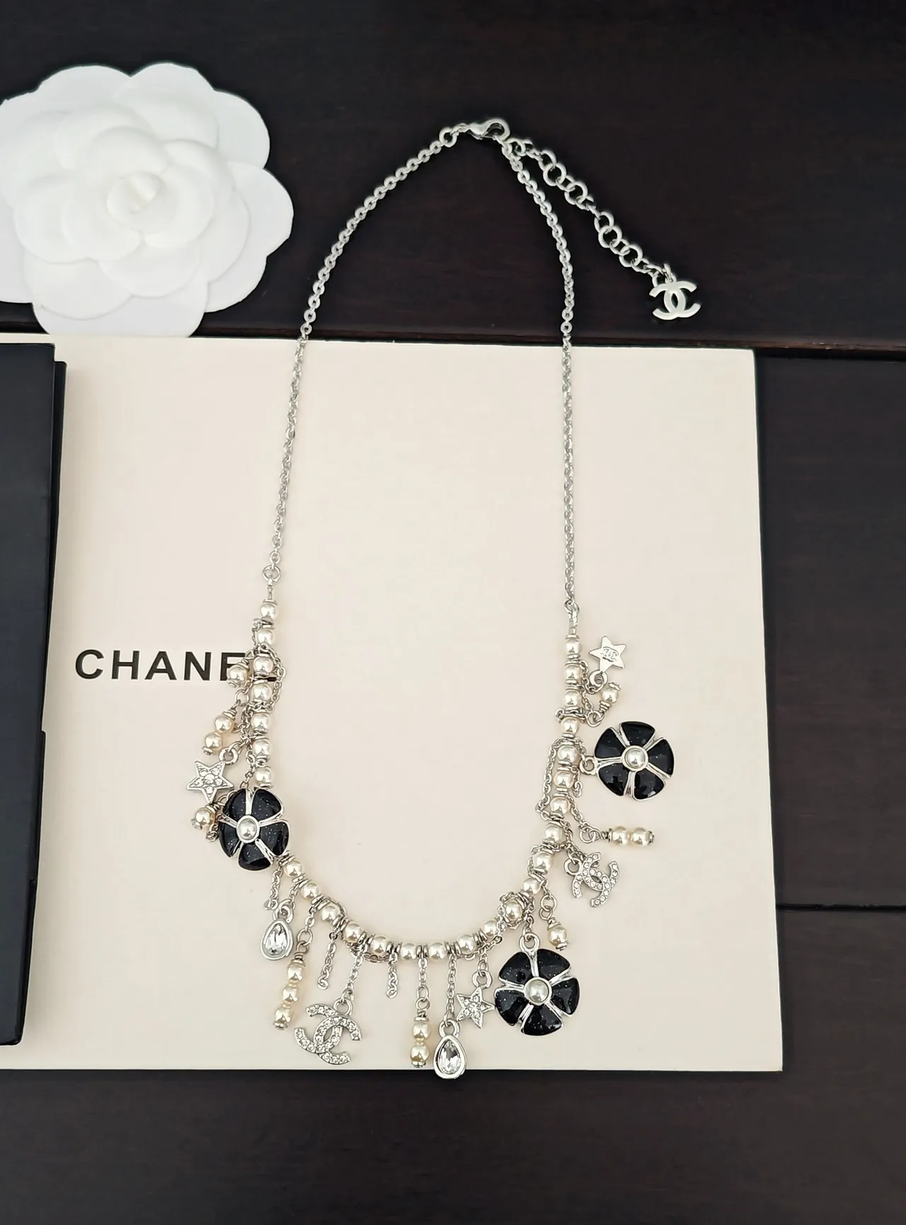 Chanel Silver Black Multi-Charm Camellia Motif Necklace 2