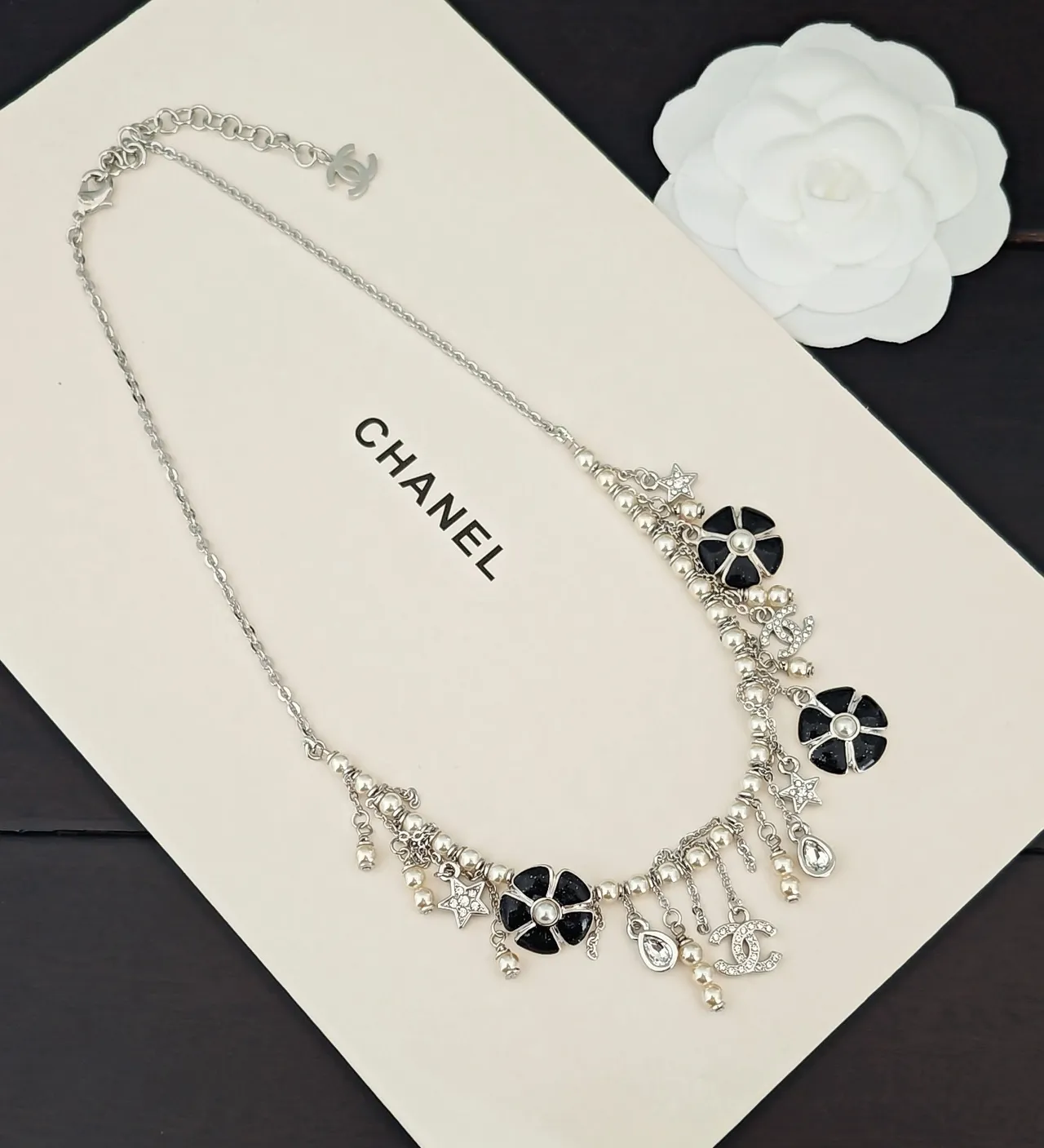 Chanel Silver Black Multi-Charm Camellia Motif Necklace 3