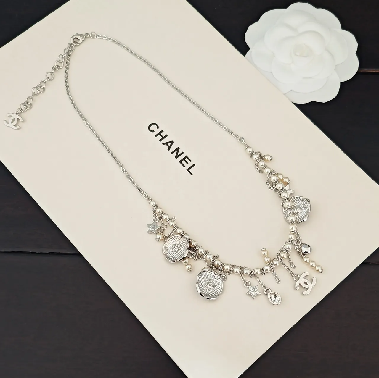 Chanel Silver Black Multi-Charm Camellia Motif Necklace 4