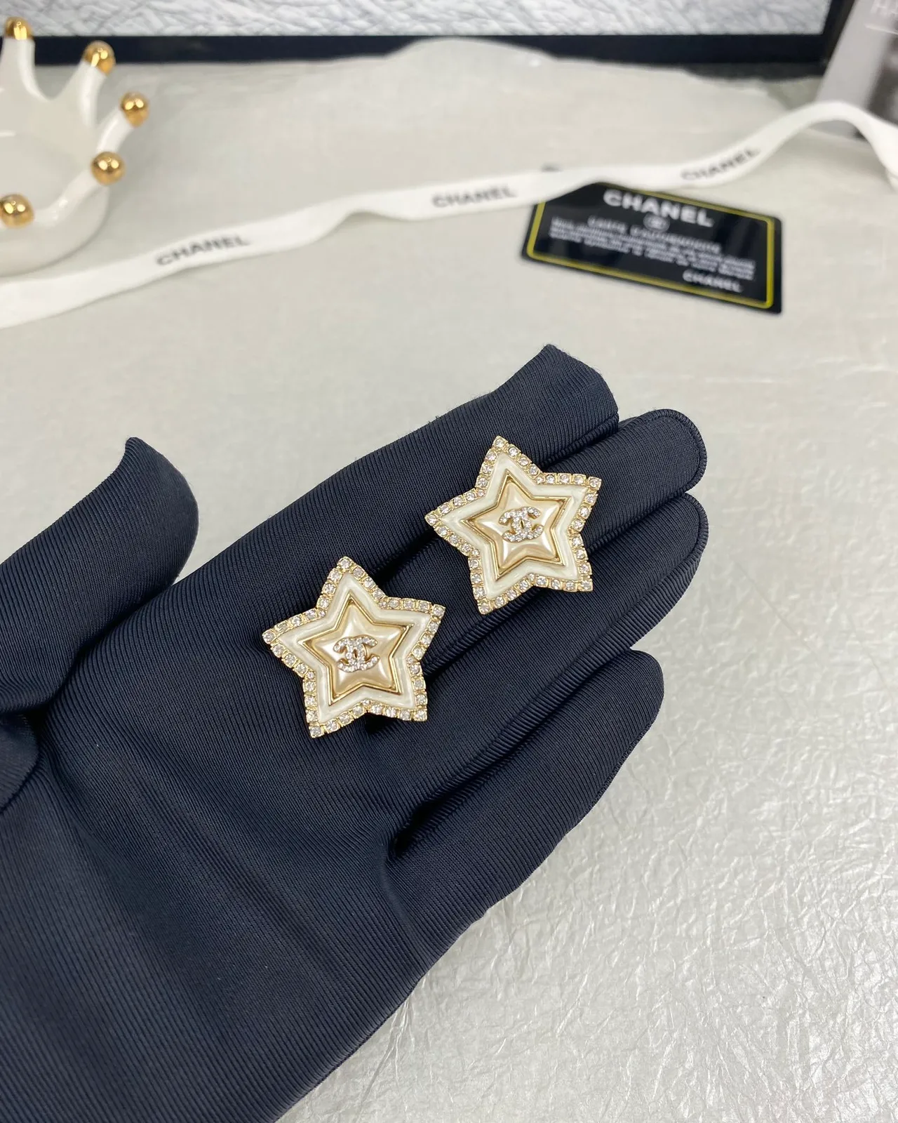 Chanel Star White Gold Pavé-Crystal Bordered Earrings 5
