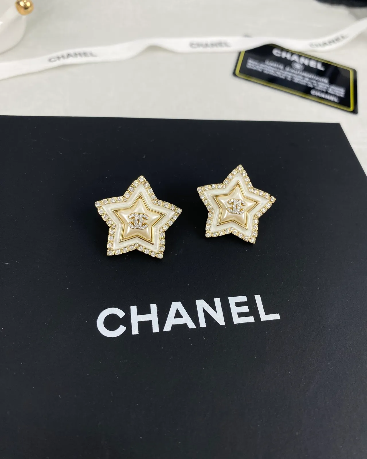Chanel Star White Gold Pavé-Crystal Bordered Earrings 6