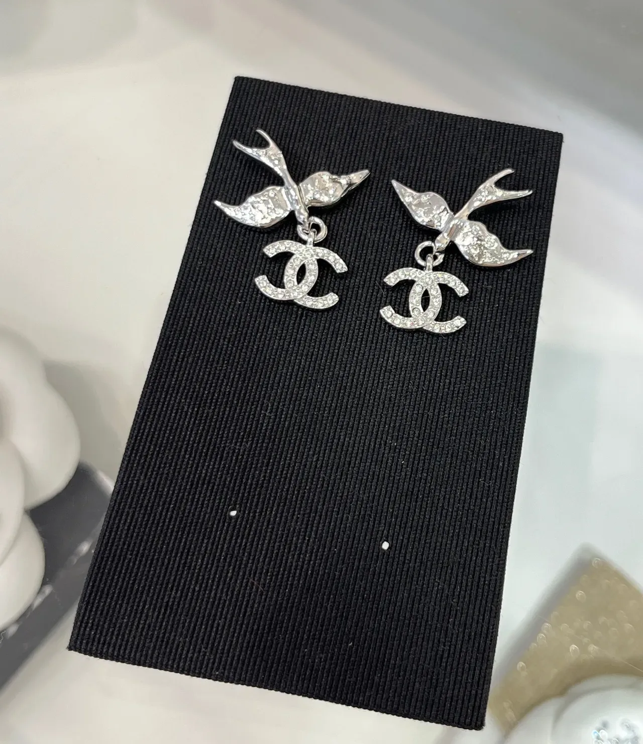 Chanel Swallow Pavé Crystal CC Logo Dangling Earrings 5