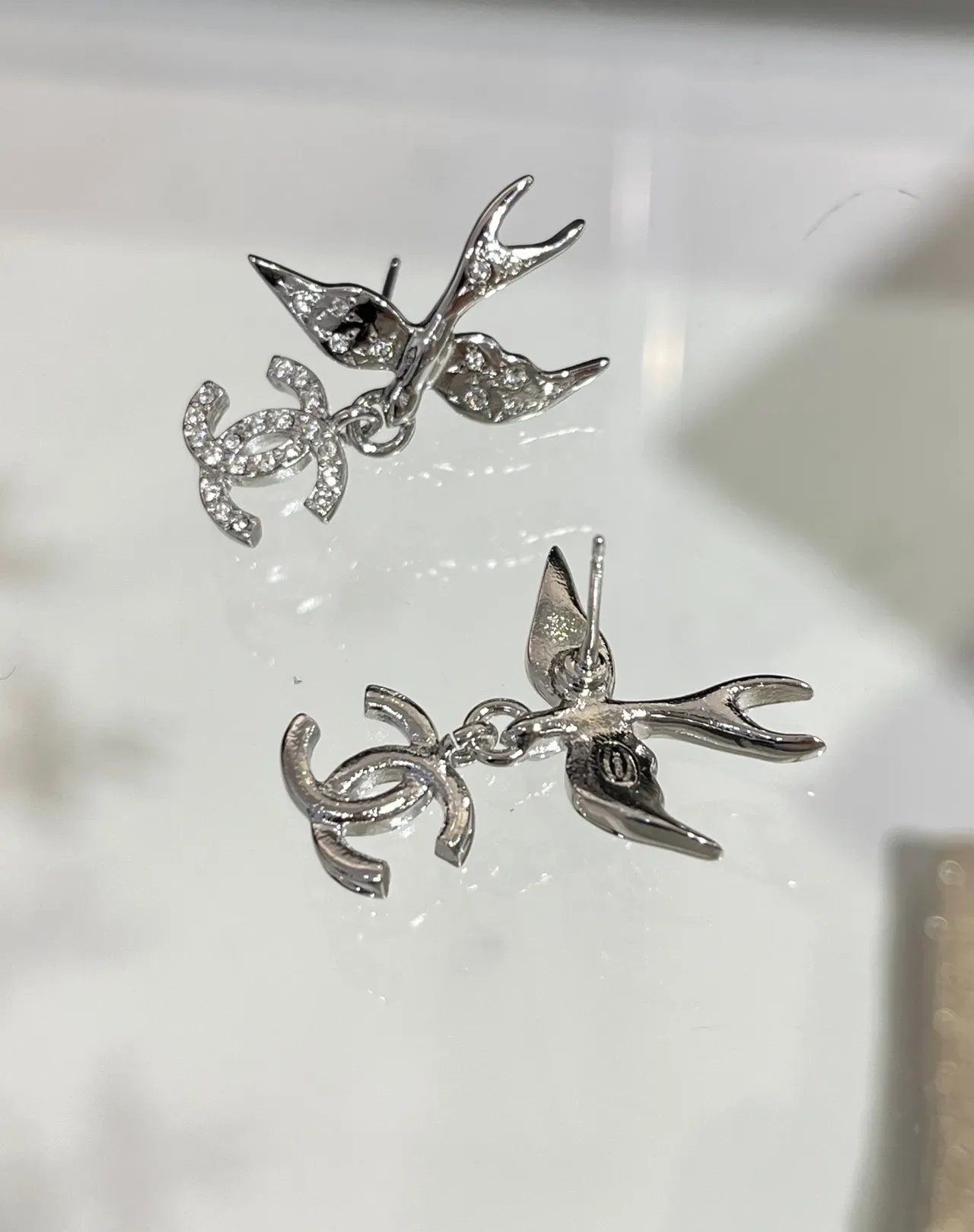 Chanel Swallow Pavé Crystal CC Logo Dangling Earrings 6