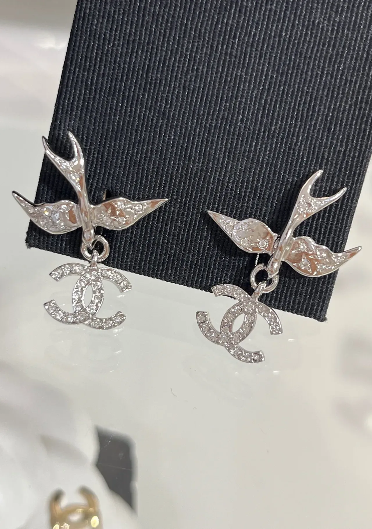 Chanel Swallow Pavé Crystal CC Logo Dangling Earrings 7