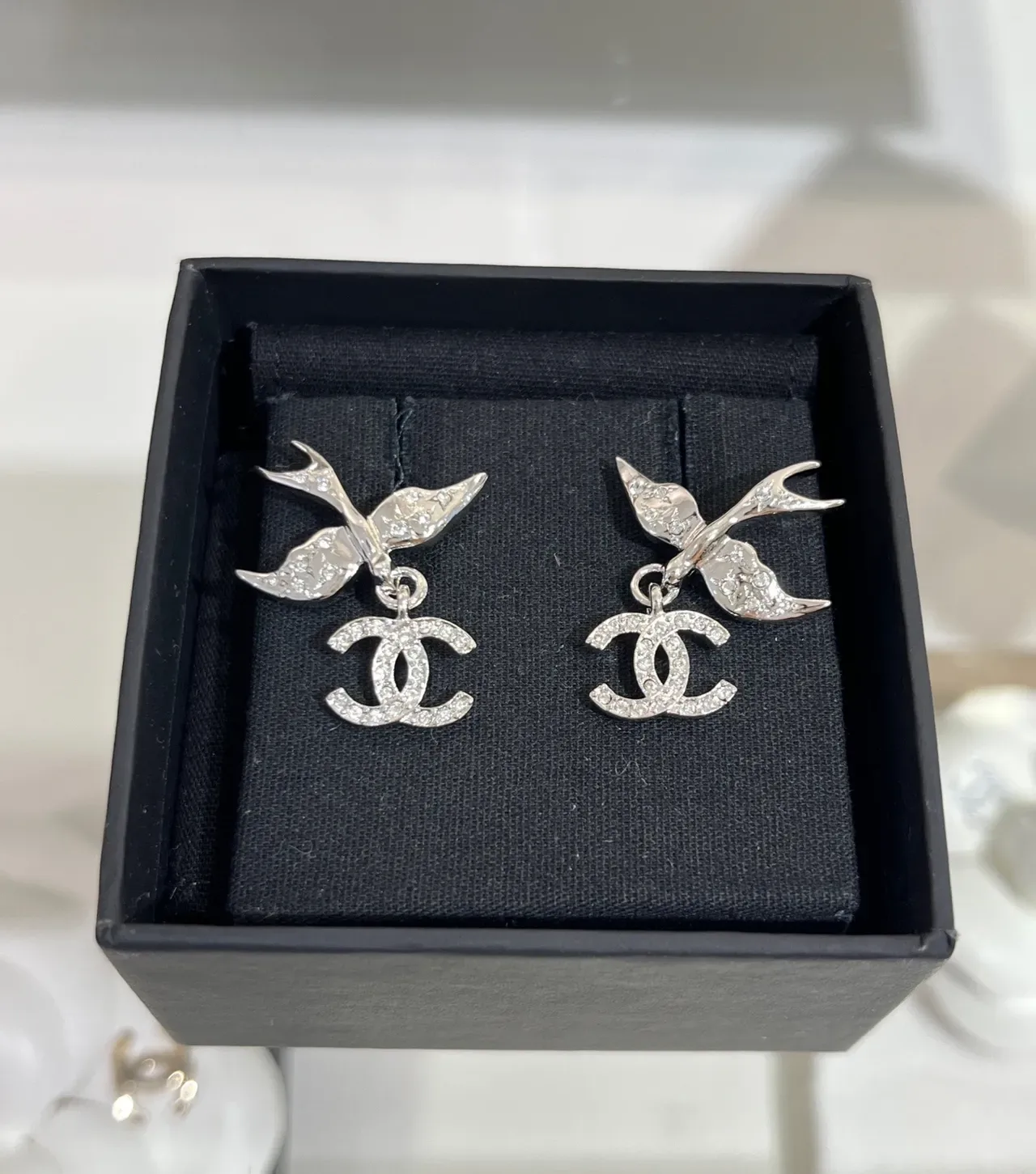 Chanel Swallow Pavé Crystal CC Logo Dangling Earrings 8