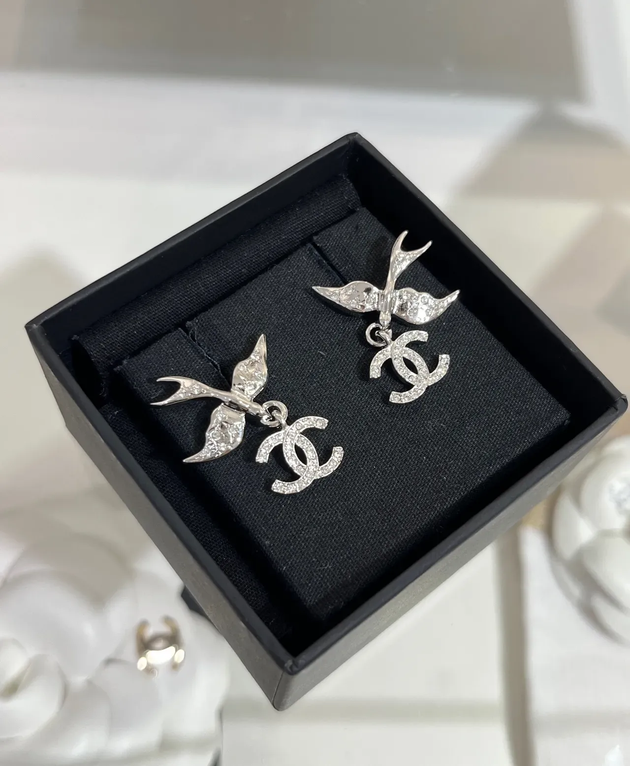Chanel Swallow Pavé Crystal CC Logo Dangling Earrings 9