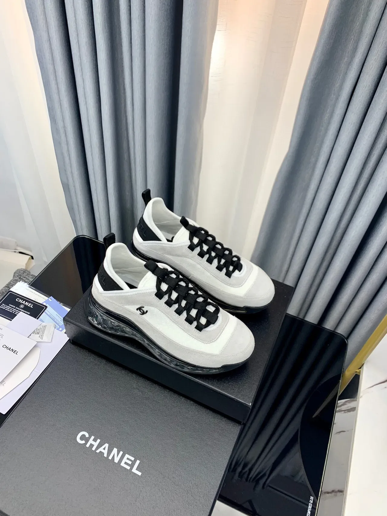 Chanel White Black Low-Top Suede-and-Leather Upper Chunky Sneakers 9