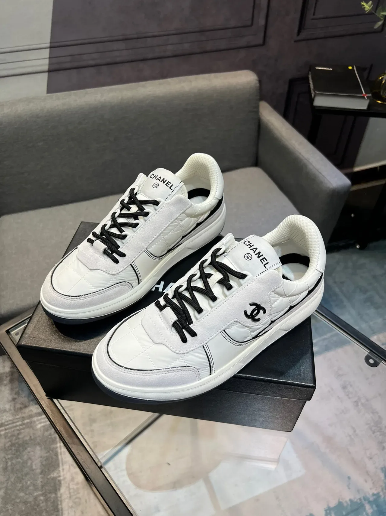 Chanel White Black Quilted Paneling Stripe Accent Lifestyle Sneakers 2