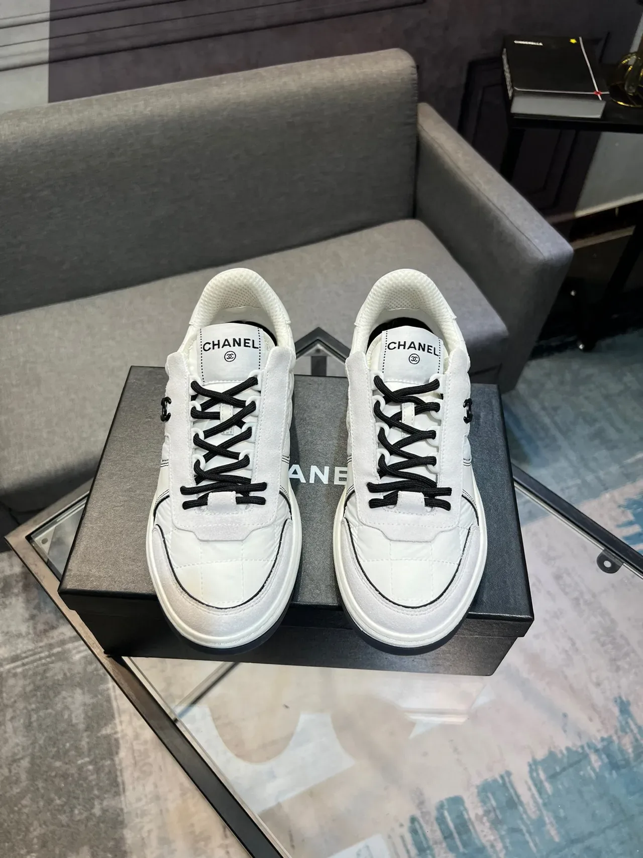Chanel White Black Quilted Paneling Stripe Accent Lifestyle Sneakers 3