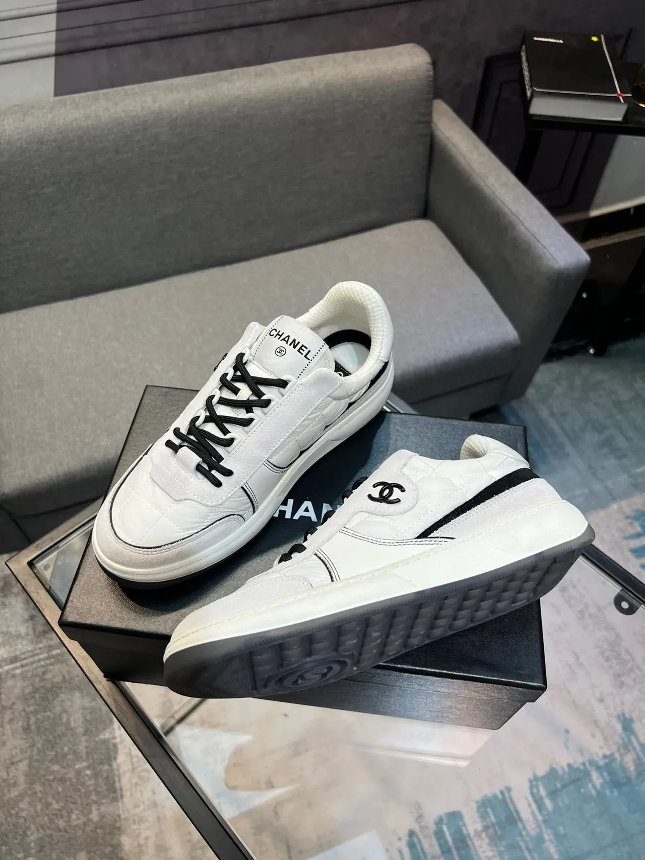 Chanel White Black Quilted Paneling Stripe Accent Lifestyle Sneakers 4