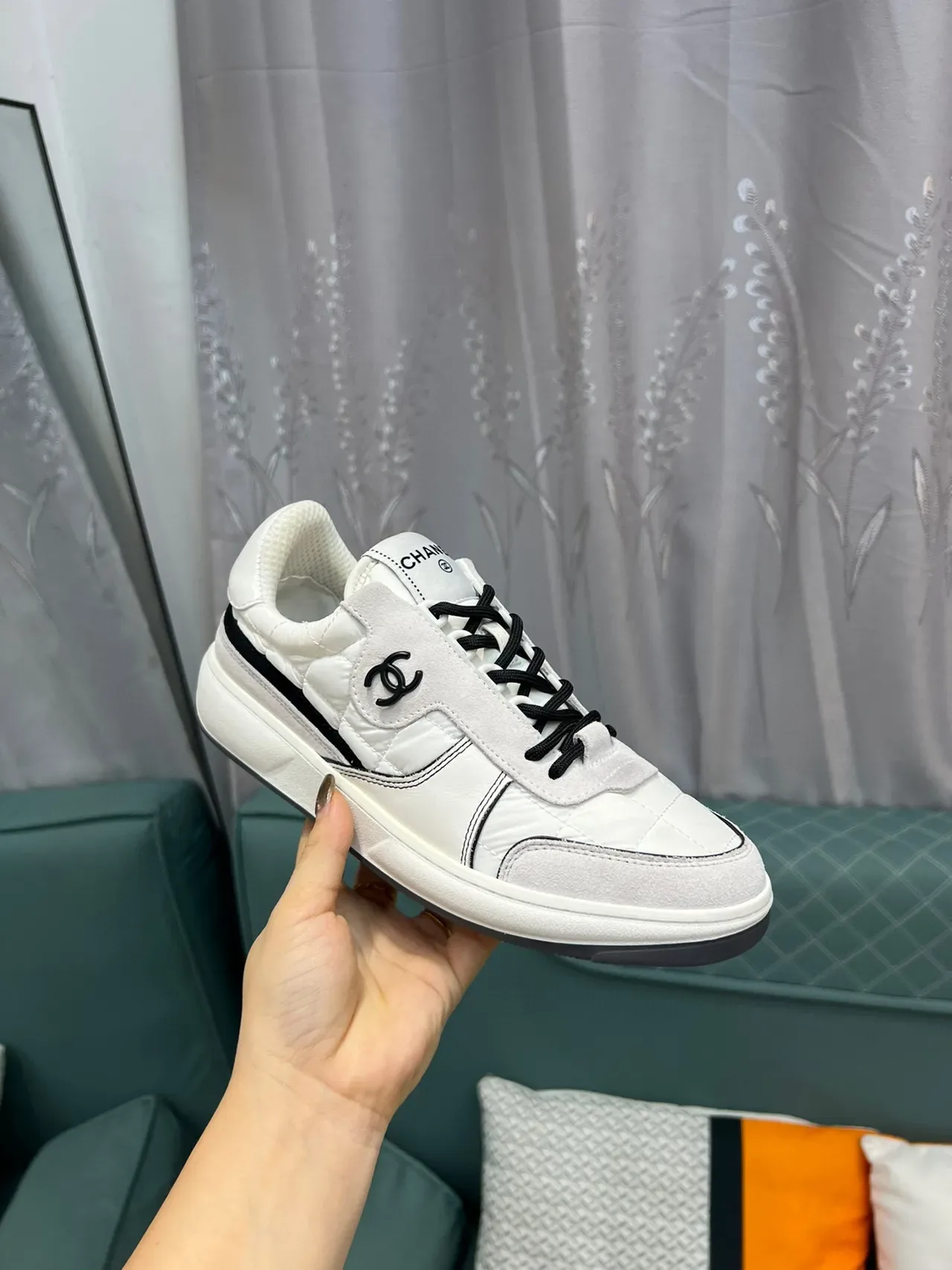 Chanel White Black Quilted Paneling Stripe Accent Lifestyle Sneakers 5