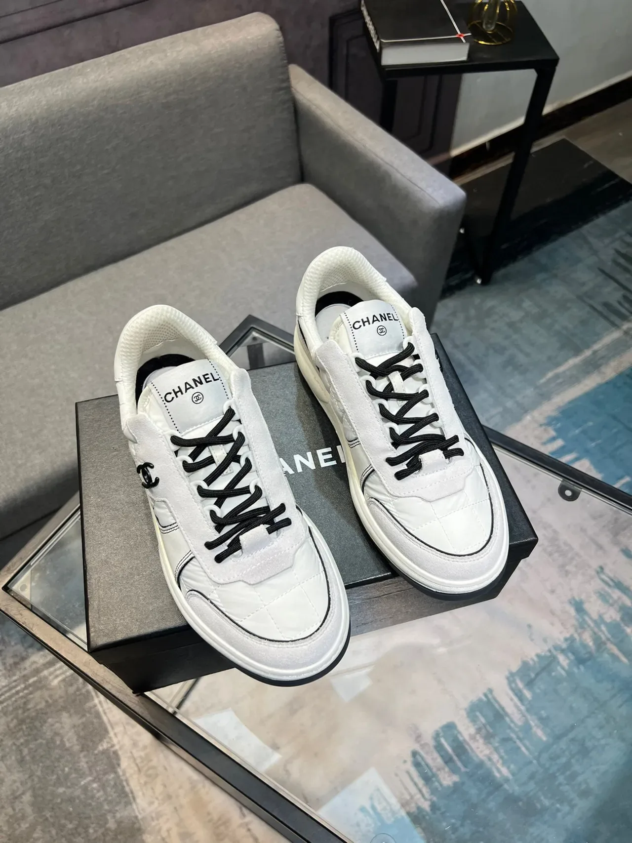 Chanel White Black Quilted Paneling Stripe Accent Lifestyle Sneakers 6
