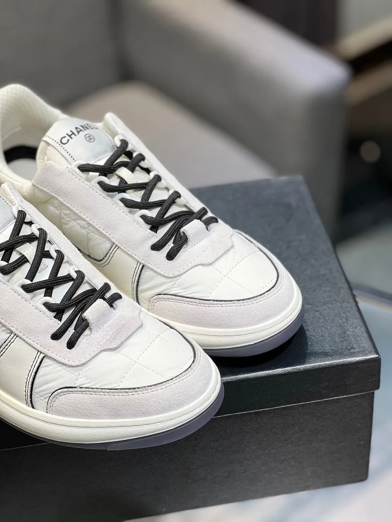 Chanel White Black Quilted Paneling Stripe Accent Lifestyle Sneakers 9