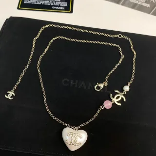 Chanel White Pink Heart-Shaped Pendant Crystal-Embellished CC Logo Necklace