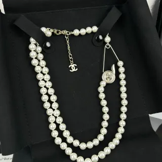 Chanel White Silver Double-Strand Pearl Necklace
