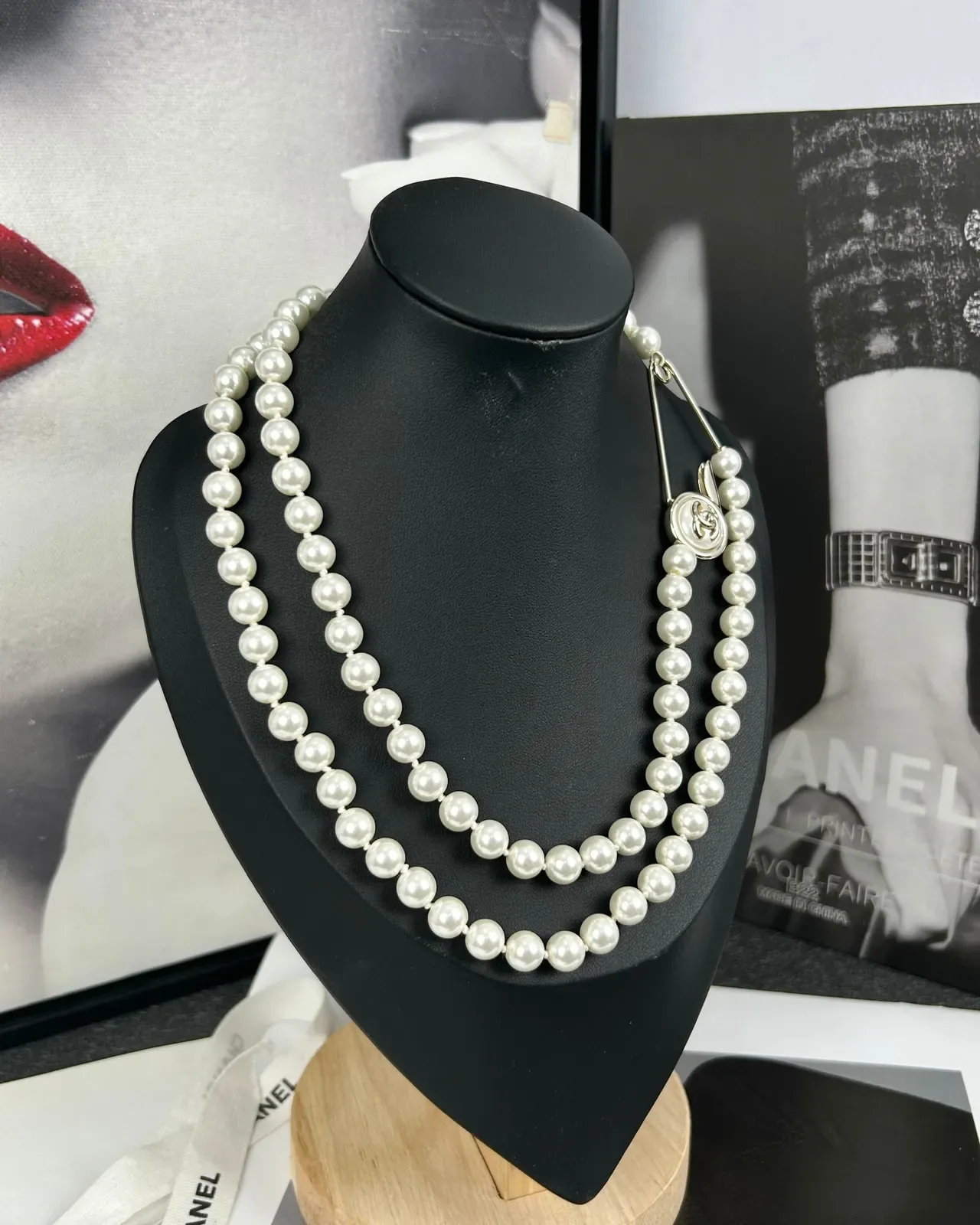 Chanel White Silver Double-Strand Pearl Necklace 2