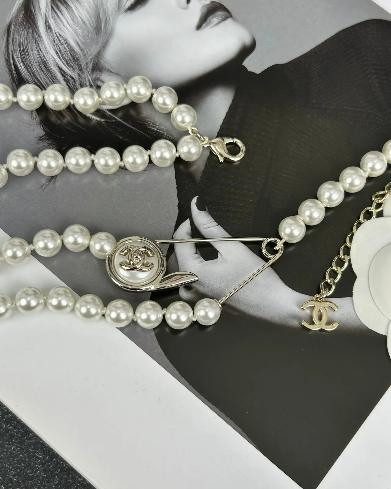 Chanel White Silver Double-Strand Pearl Necklace 5