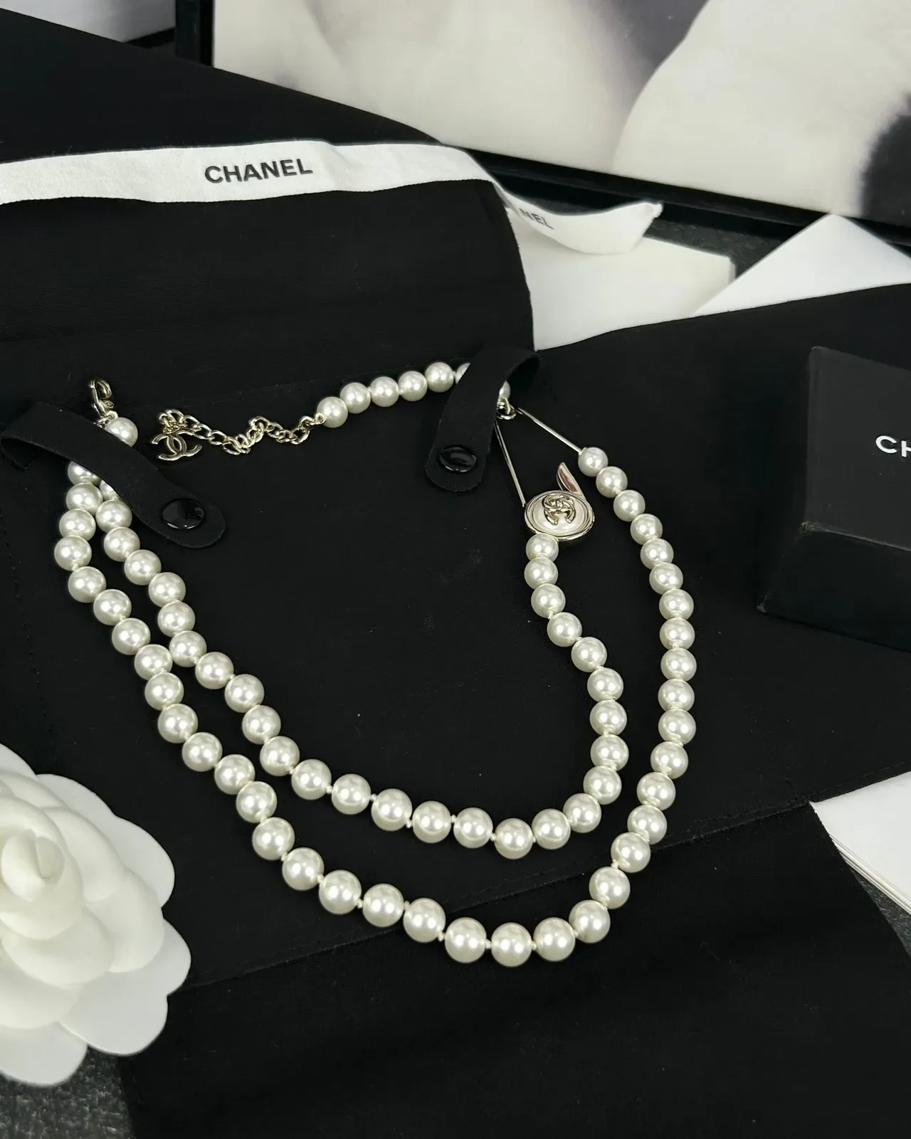 Chanel White Silver Double-Strand Pearl Necklace 8