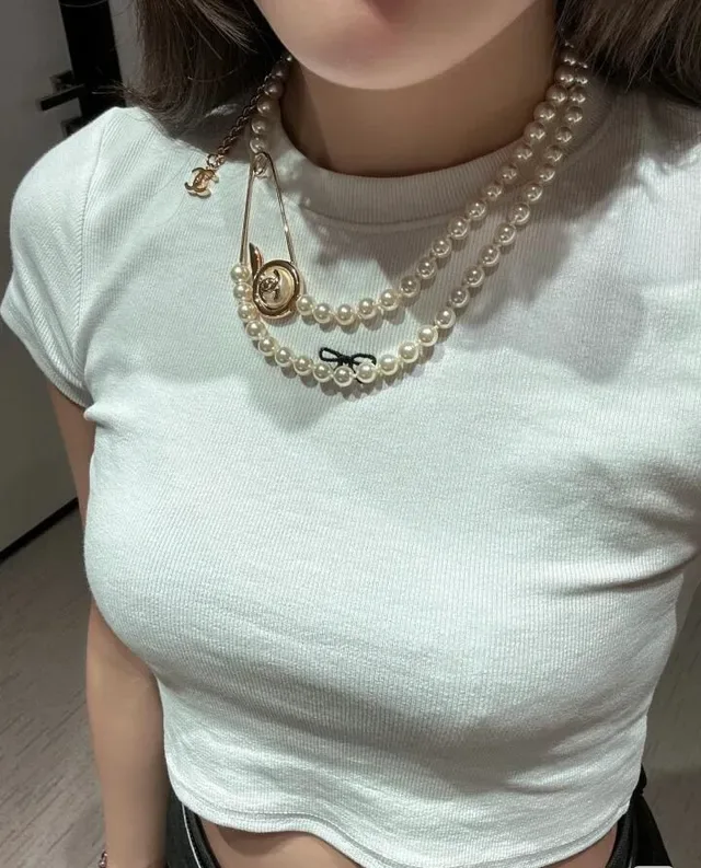 Chanel White Silver Double-Strand Pearl Necklace 13