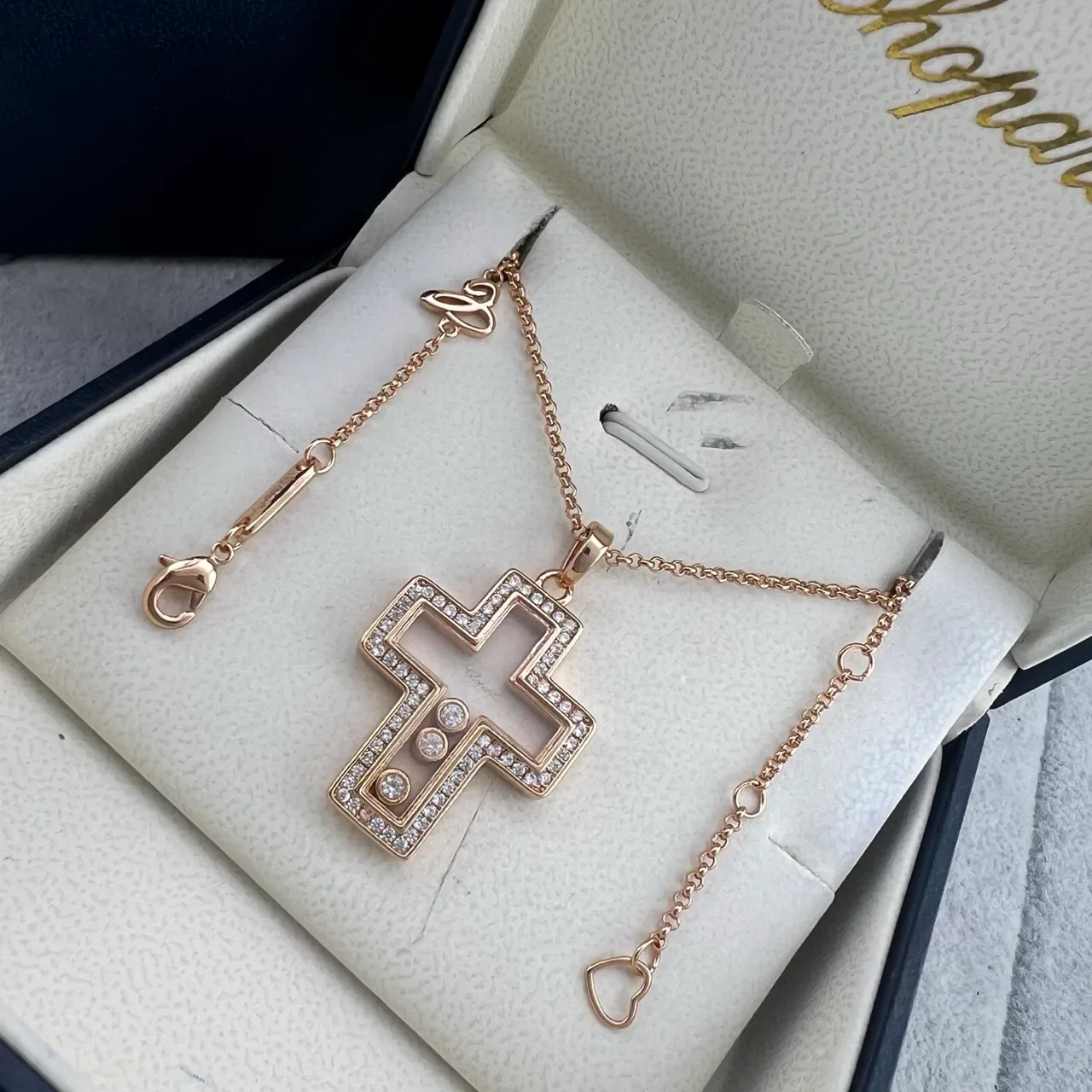 Chopard Silver Gold Openwork Cross Pendant Pavé Diamond Border Necklace 4