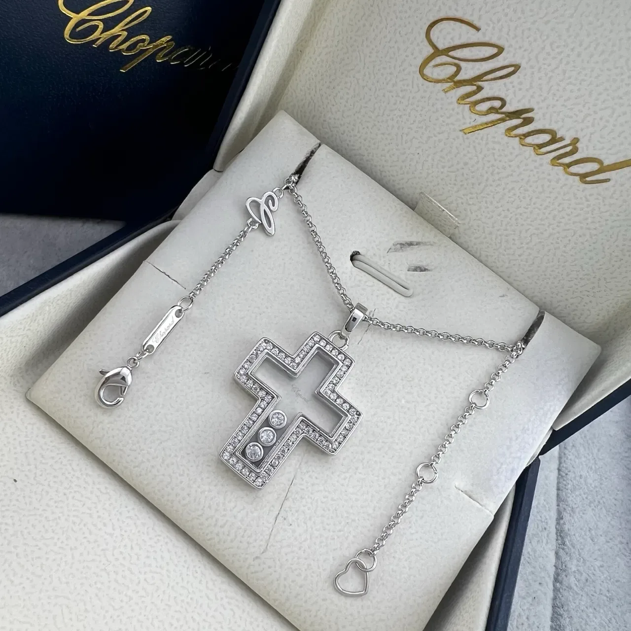 Chopard Silver Gold Openwork Cross Pendant Pavé Diamond Border Necklace 5