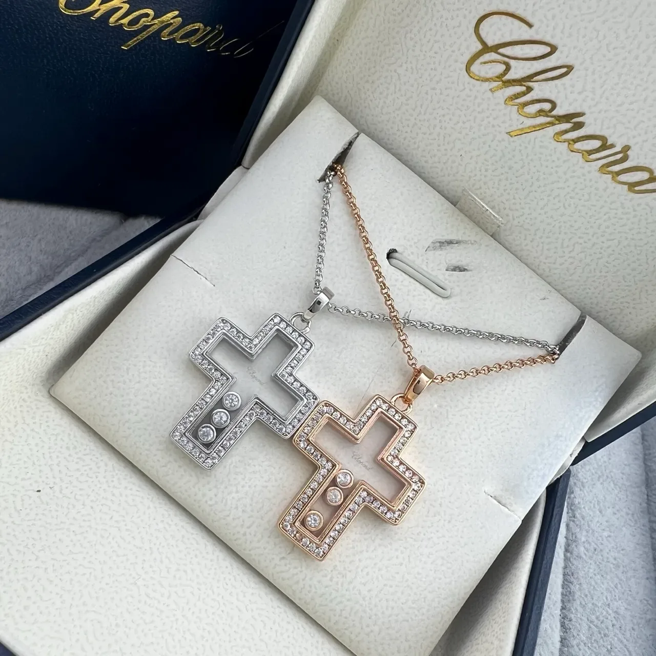 Chopard Silver Gold Openwork Cross Pendant Pavé Diamond Border Necklace 6