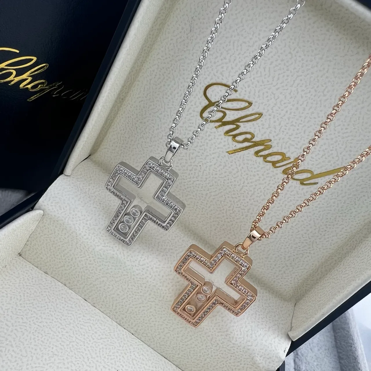 Chopard Silver Gold Openwork Cross Pendant Pavé Diamond Border Necklace 7