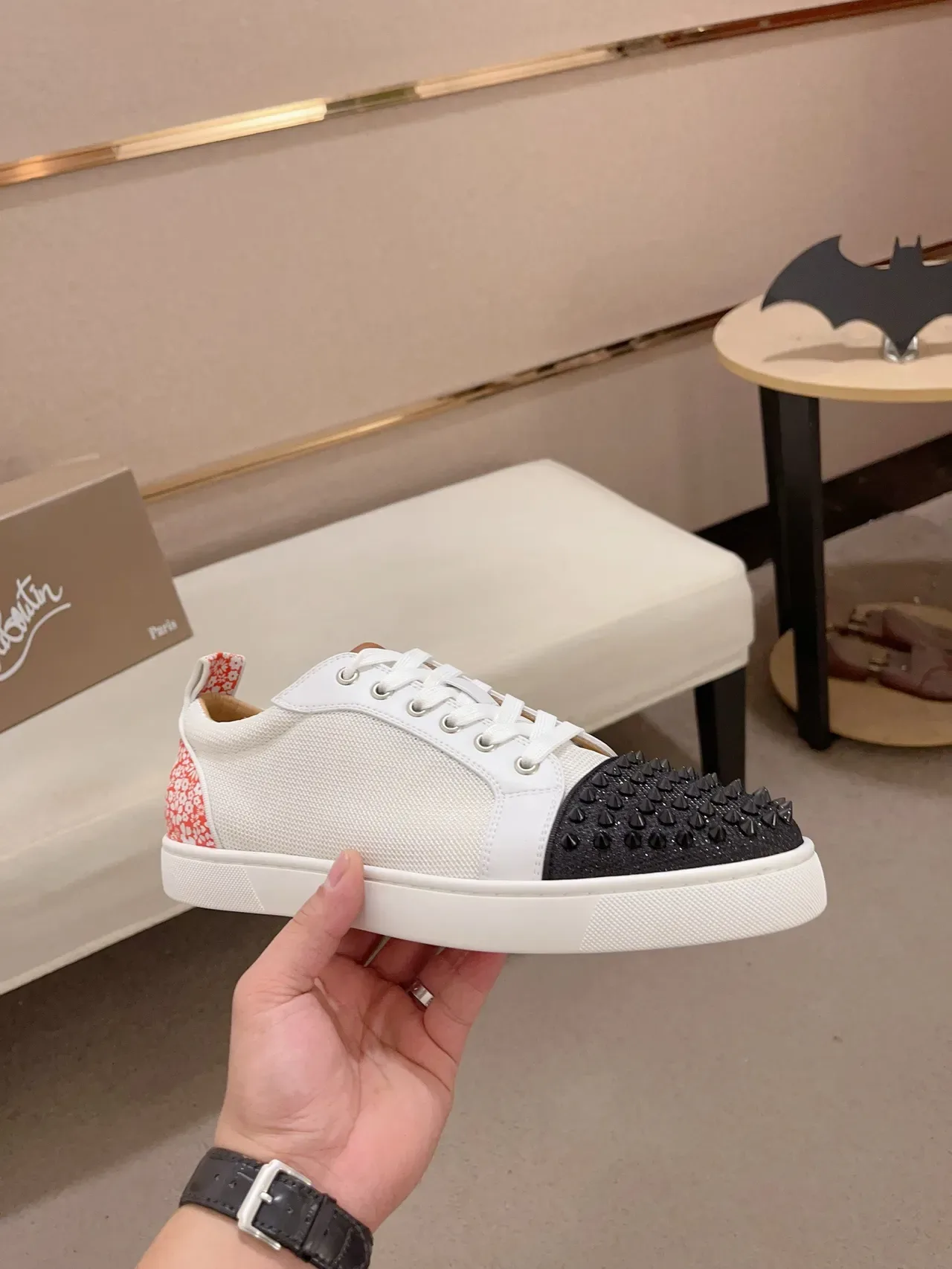 Christian Louboutin White Black Studded Toe Cap Mesh And Leather Paneling Lifestyle Sneakers 4
