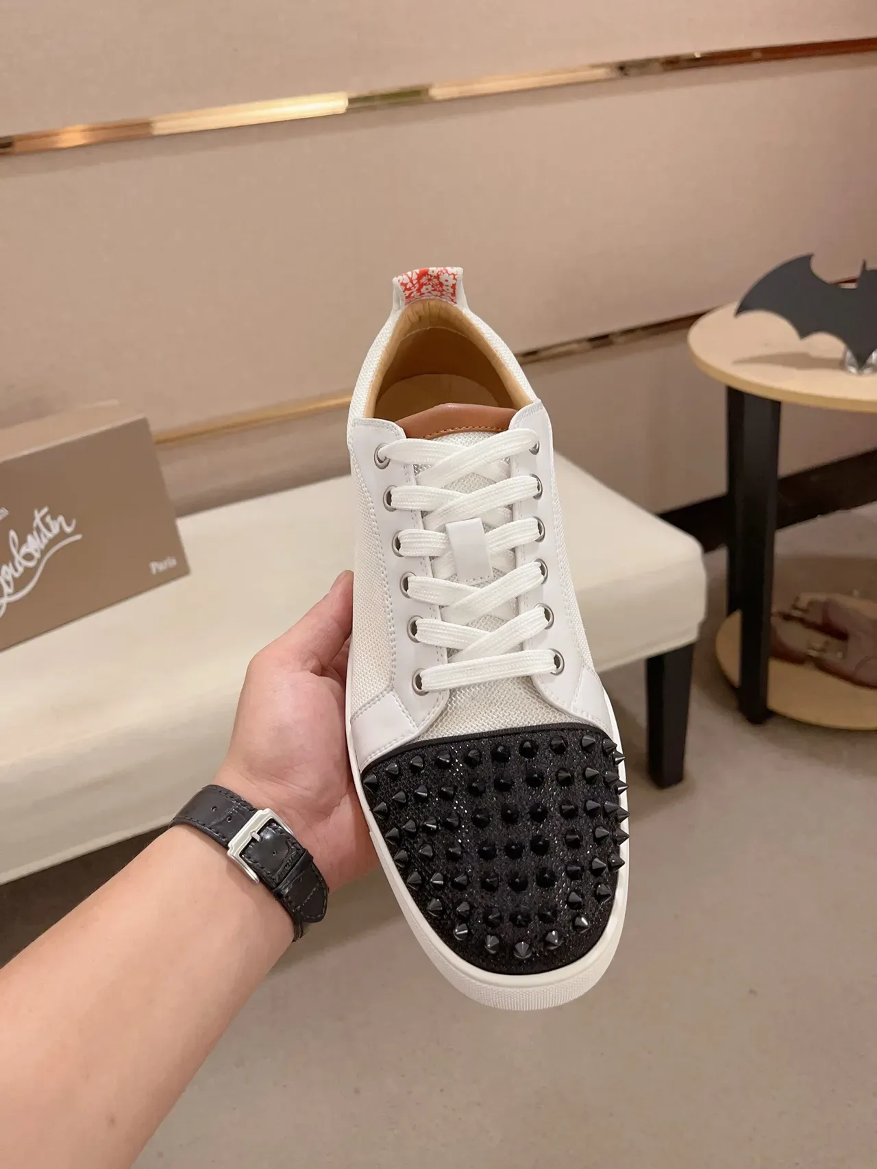 Christian Louboutin White Black Studded Toe Cap Mesh And Leather Paneling Lifestyle Sneakers 5