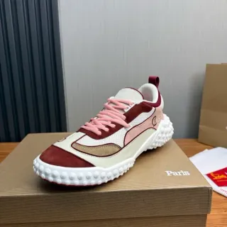Christian Louboutin White Burgundy Podded Rubber Sole Mixed Suede-Mesh Upper Lifestyle Sneakers
