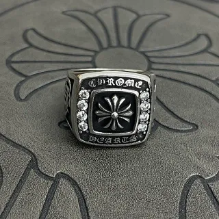 Chrome Hearts ক্রস রিং চাঁদি কালো এনামেল ফেসেটেড পাথর রিং