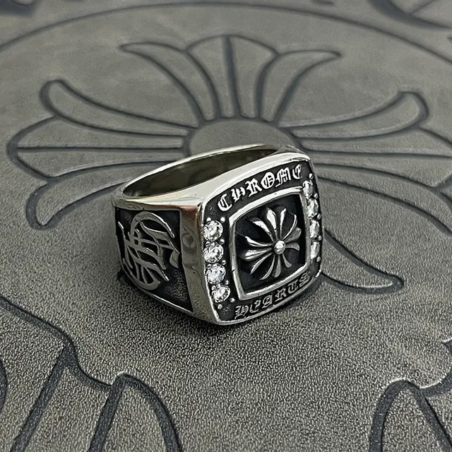 Chrome Hearts Cross Ring Silver Black Enamel Faceted Stone Ring 2
