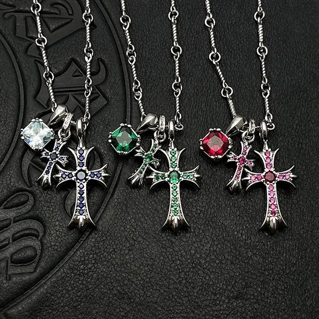 Chrome Hearts Cross Silver Multicolor Gothic Pendant Multi-Gem Set Necklace 1