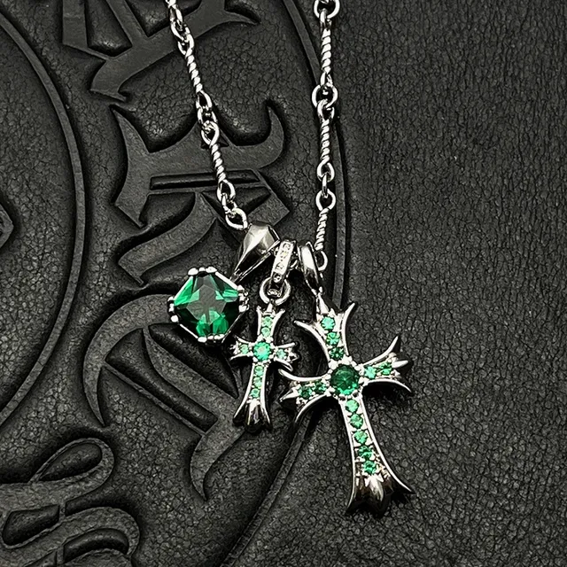Chrome Hearts Cross Silver Multicolor Gothic Pendant Multi-Gem Set Necklace 3