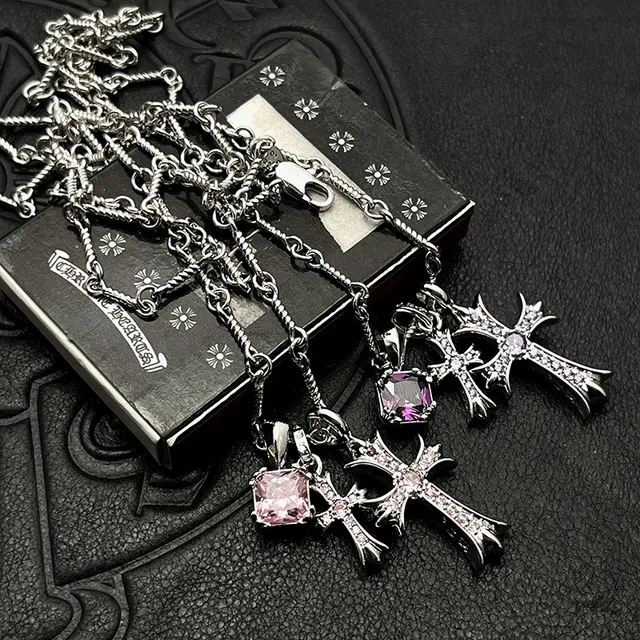 Chrome Hearts Cross Silver Multicolor Gothic Pendant Multi-Gem Set Necklace 8