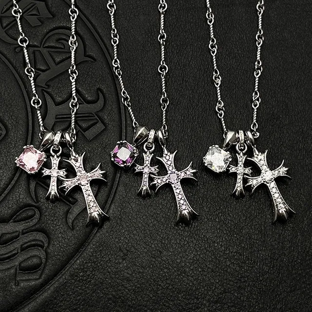 Chrome Hearts Cross Silver Multicolor Gothic Pendant Multi-Gem Set Necklace 9