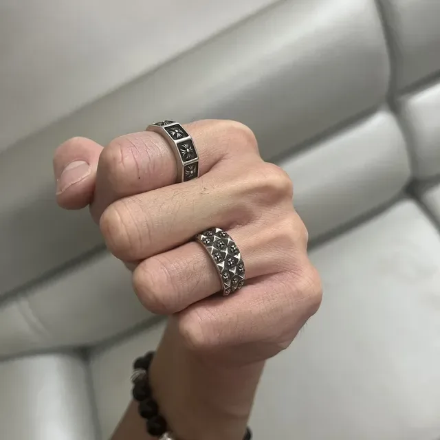 Chrome Hearts Flower Stud Silver Black Geometric Band Reverse-Engraved Interior Ring 2