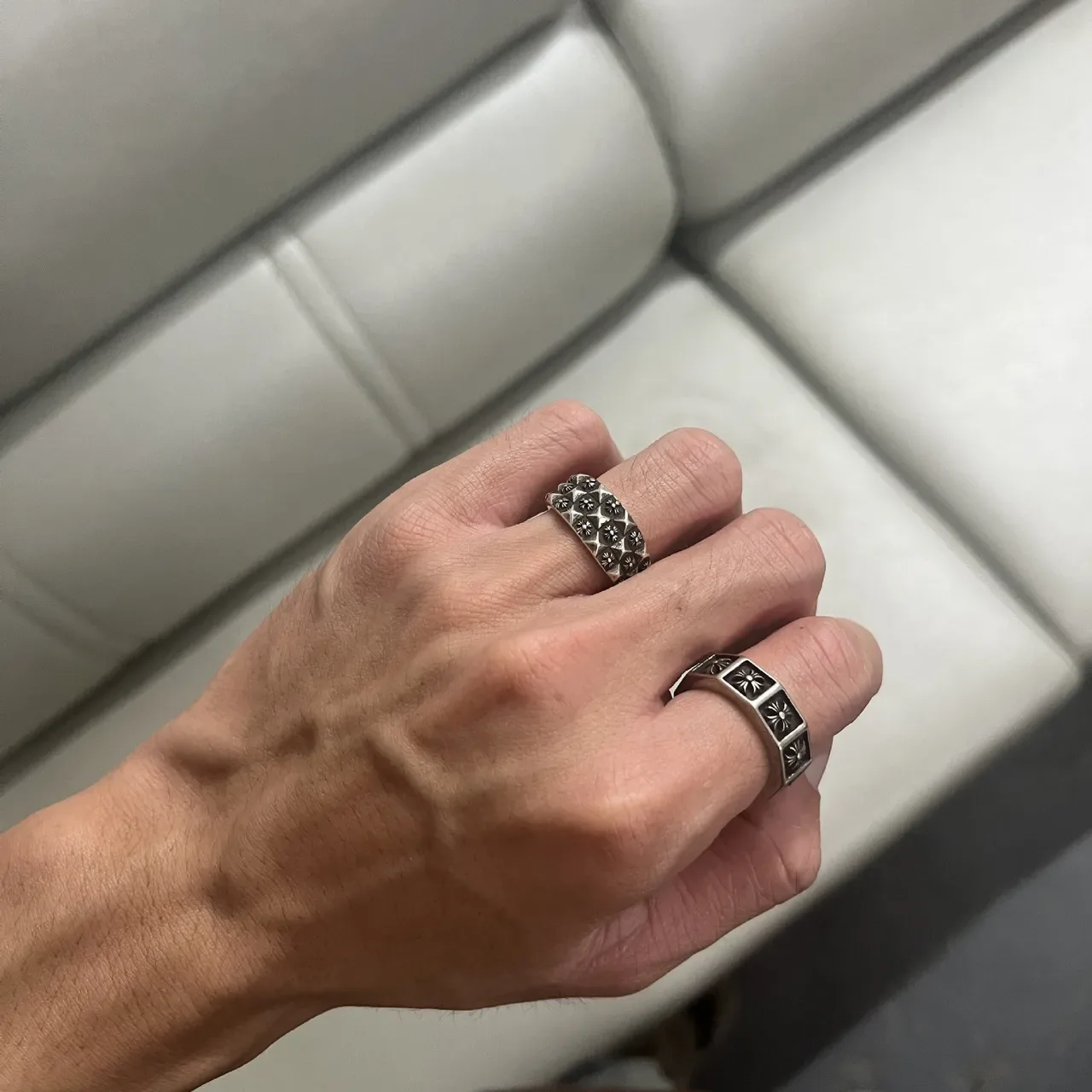 Chrome Hearts Flower Stud Silver Black Geometric Band Reverse-Engraved Interior Ring 3