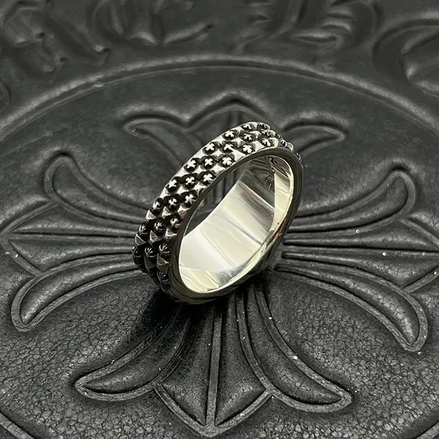 Chrome Hearts Flower Stud Silver Black Geometric Band Reverse-Engraved Interior Ring 5