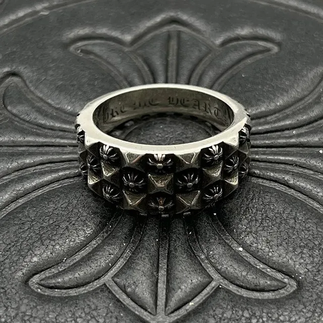 Chrome Hearts Flower Stud Silver Black Geometric Band Reverse-Engraved Interior Ring 6